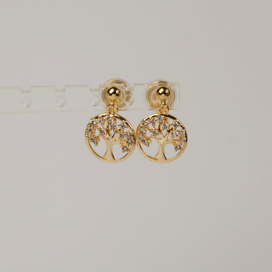 Gold Plated Tree of Life Drop Clip On Earrings with CZ Crystals