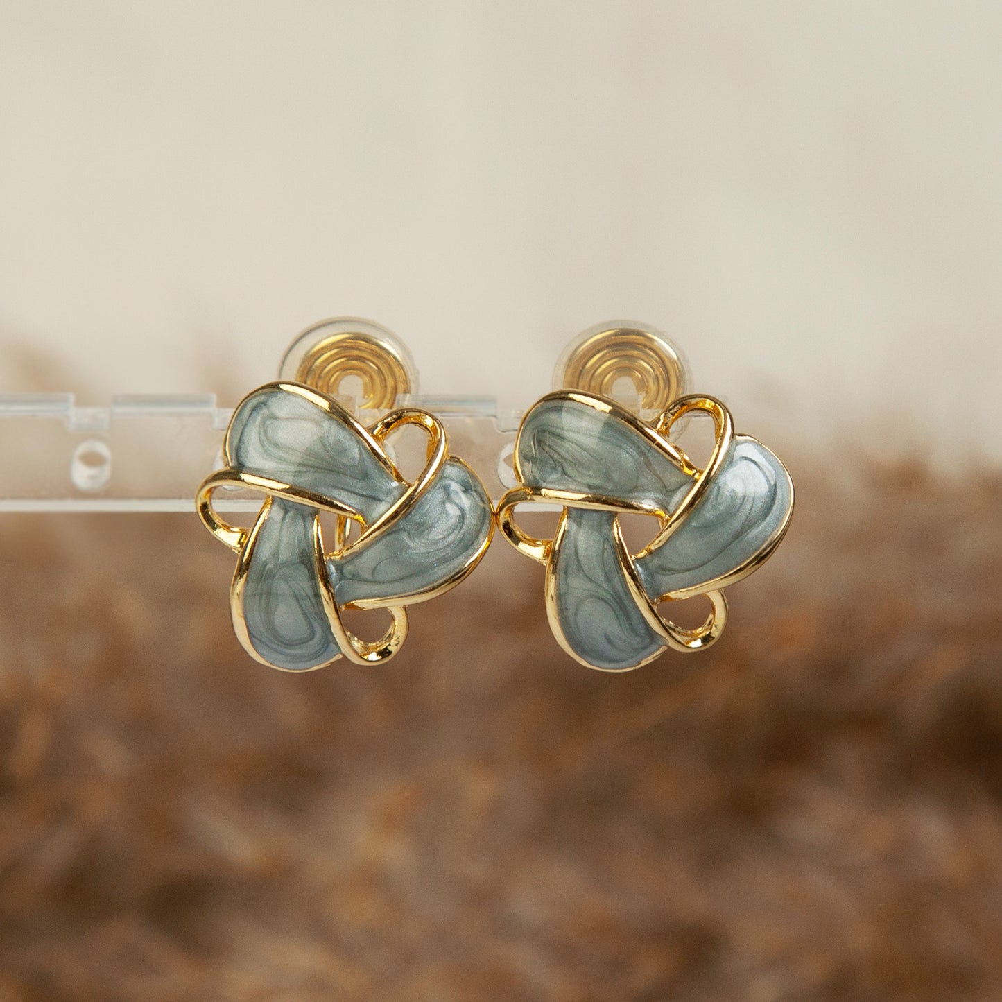 Clip On Stud Earrings Gold-Tone Blue Knot Geometric Earrings