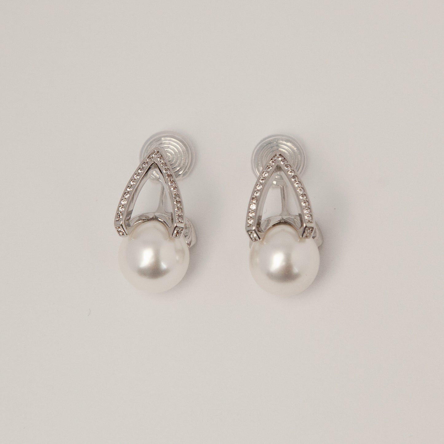 Pearls Dangle Clip On Earrings with Silver Triangle Pave Diamond