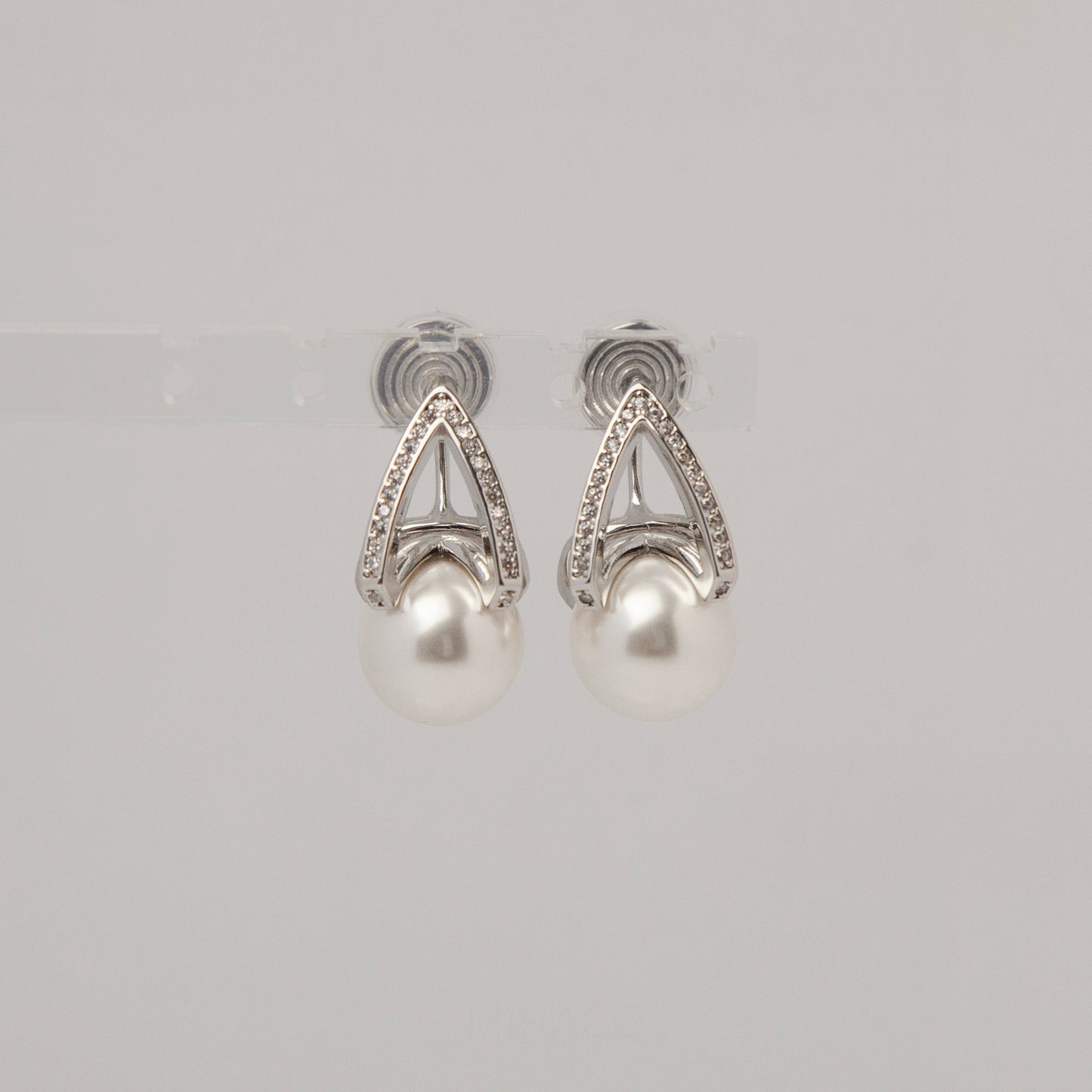 Pearls Dangle Clip On Earrings with Silver Triangle Pave Diamond