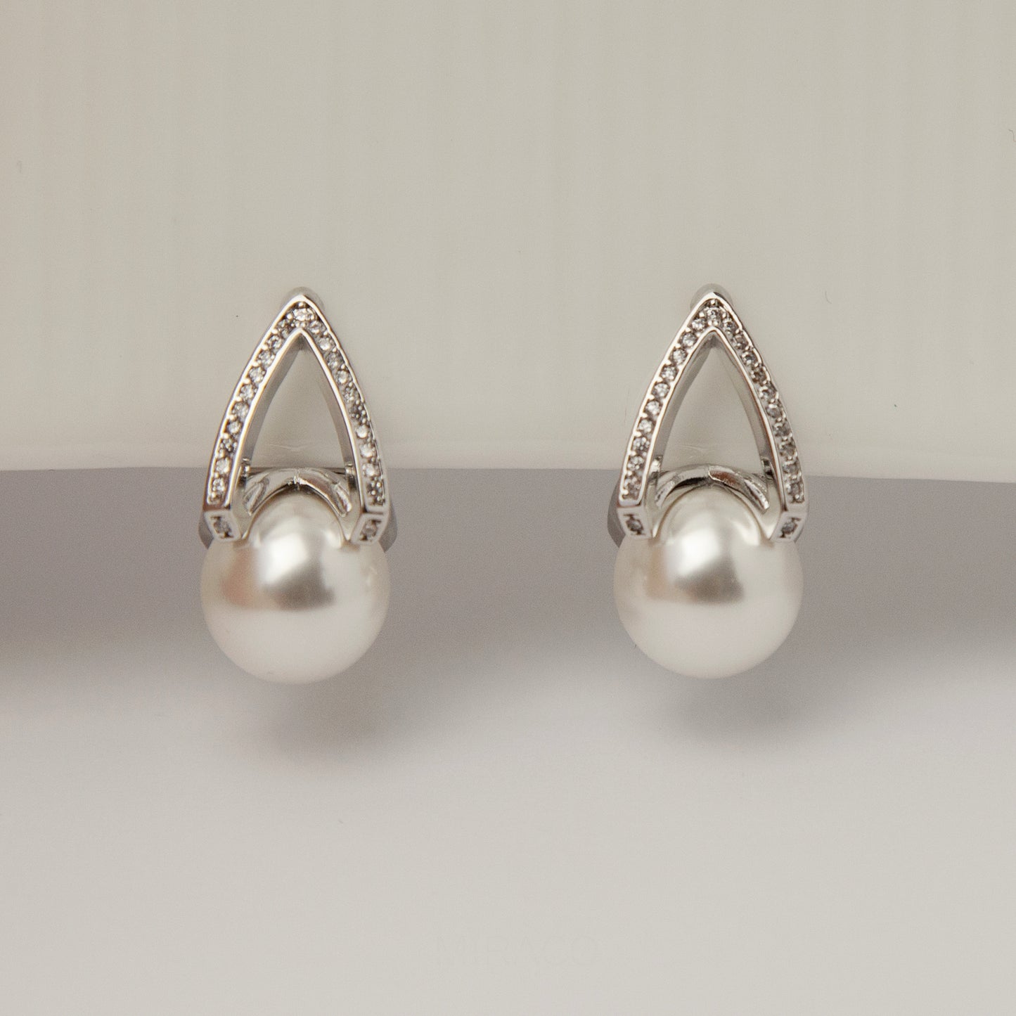 Pearls Dangle Clip On Earrings with Silver Triangle Pave Diamond