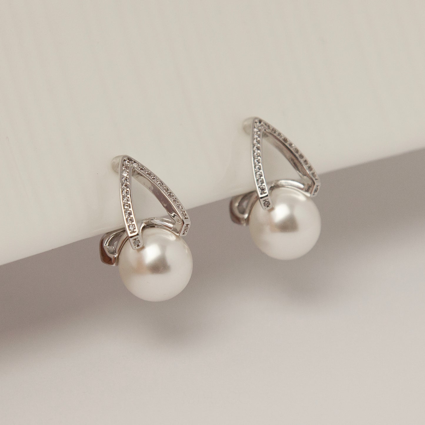 Pearls Dangle Clip On Earrings with Silver Triangle Pave Diamond