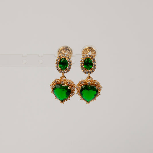 Clip On Dangle Green Diamond Heart Earrings