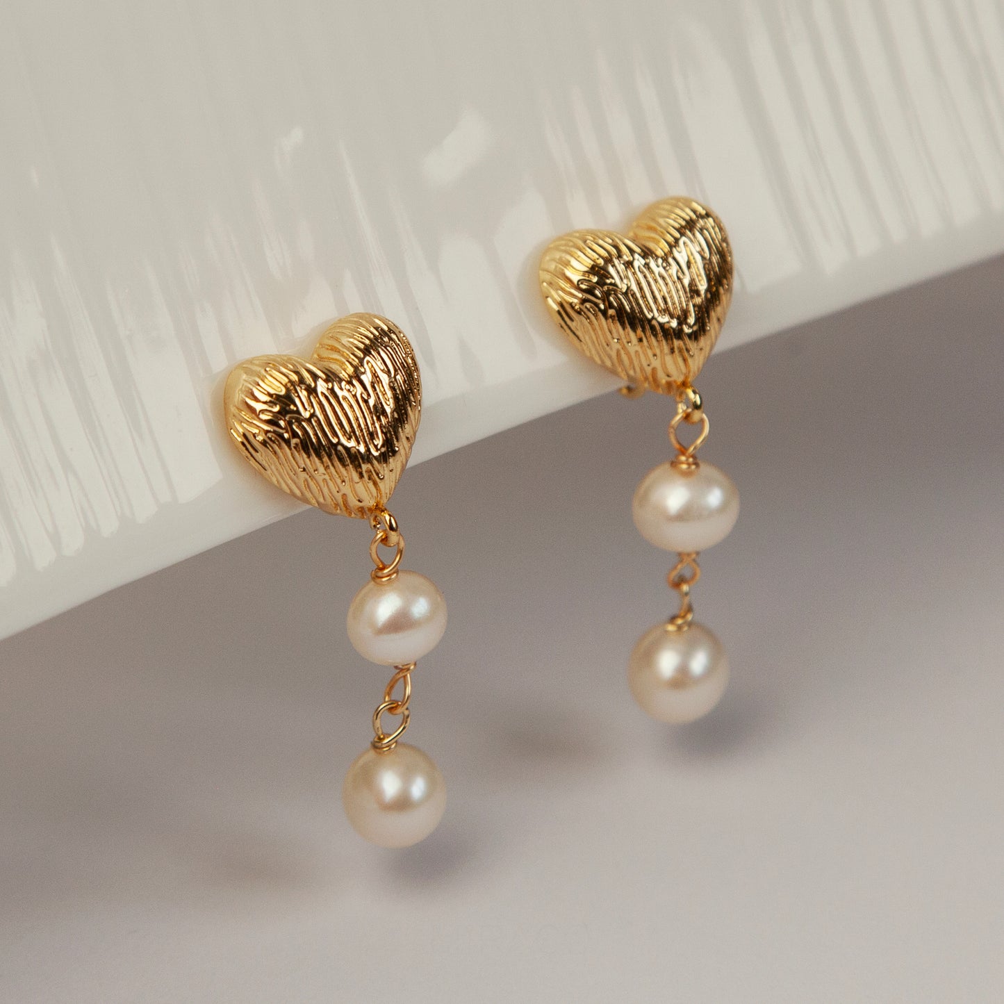 Heart Drop Earrings With Double Freshwater Pearls