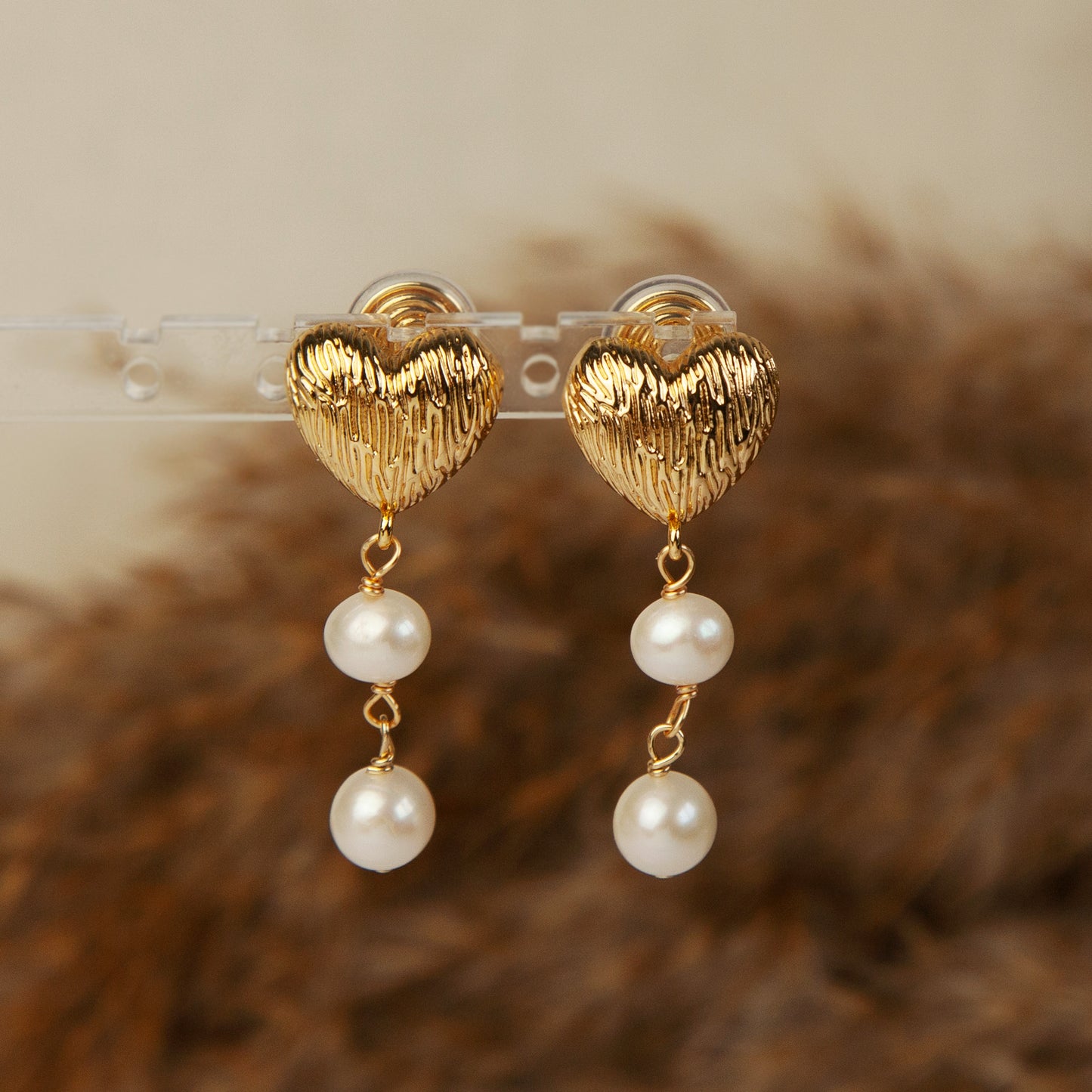 Heart Drop Earrings With Double Freshwater Pearls