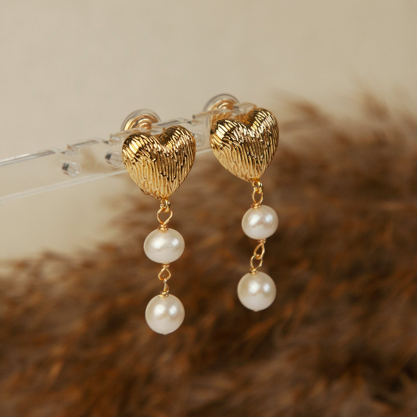 Heart Drop Earrings With Double Freshwater Pearls