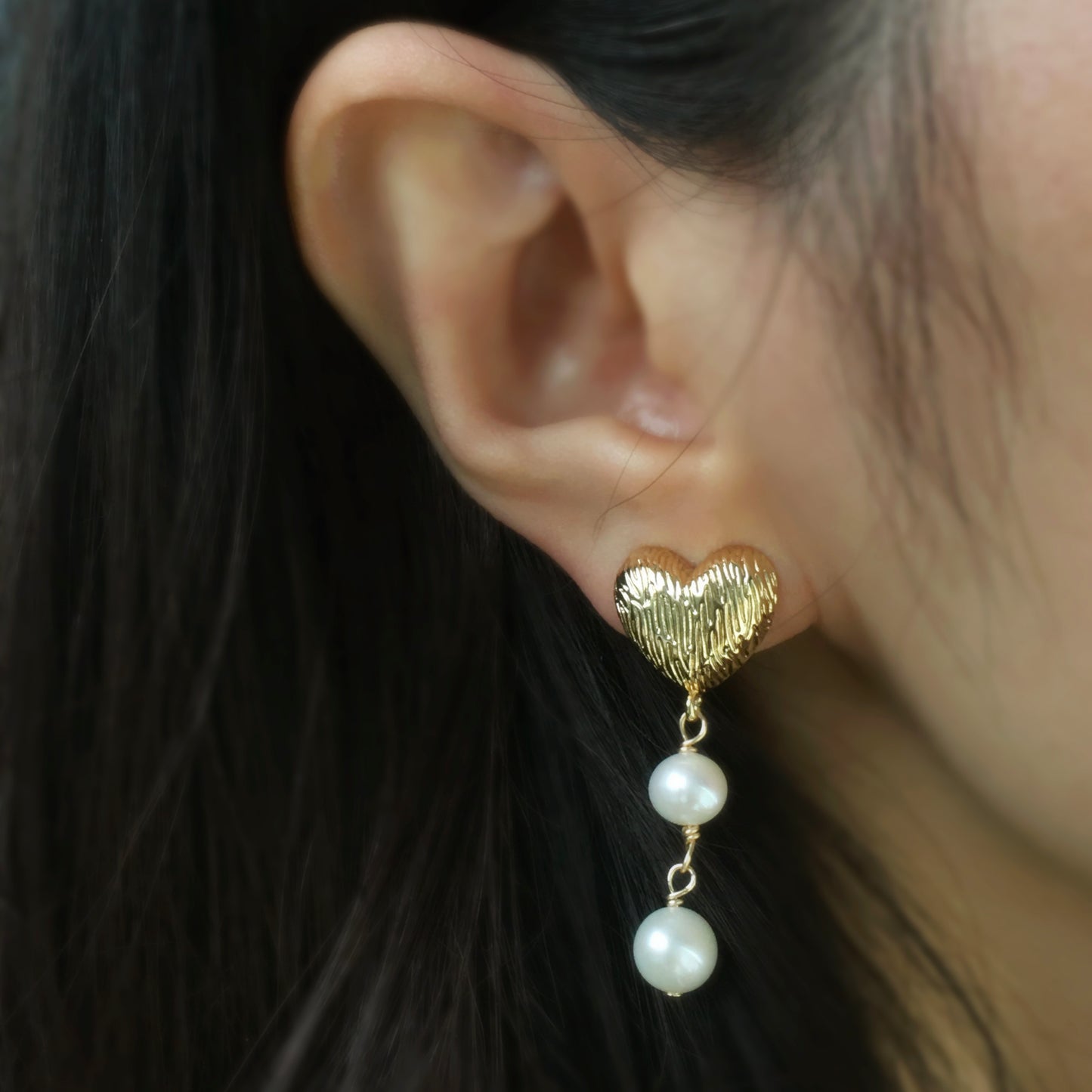 Heart Drop Earrings With Double Freshwater Pearls