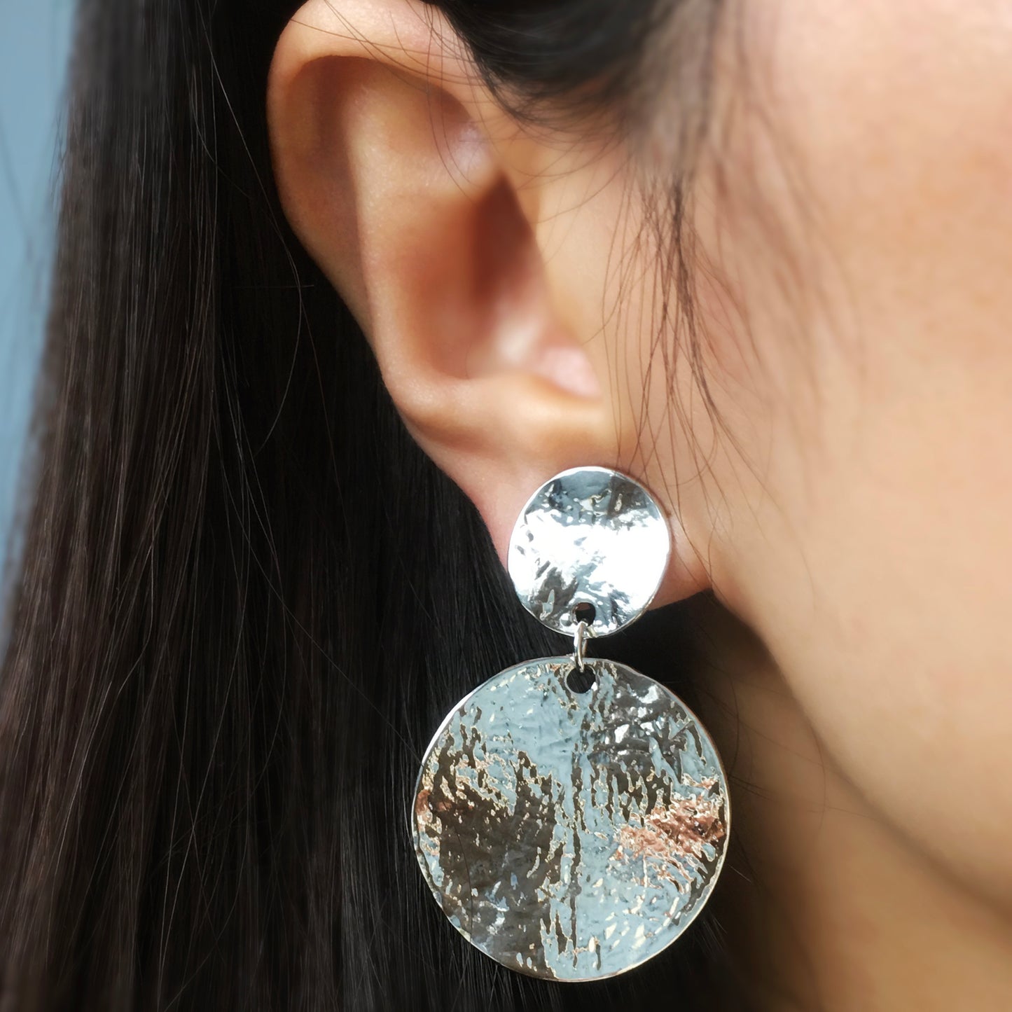 Clip On Dangle Drop Round Metal Disk Earrings