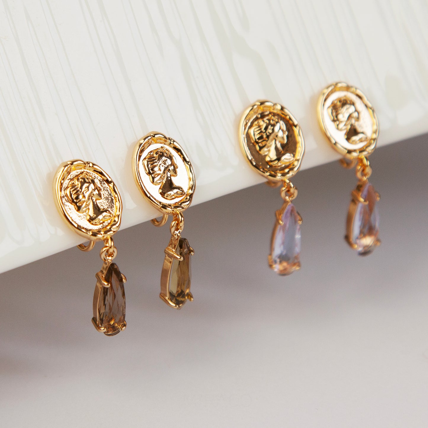 Clip On Crystal Gold Goddess Coin Dangle Earrings