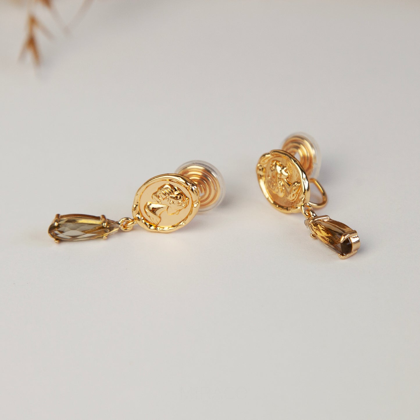 Clip On Crystal Gold Goddess Coin Dangle Earrings