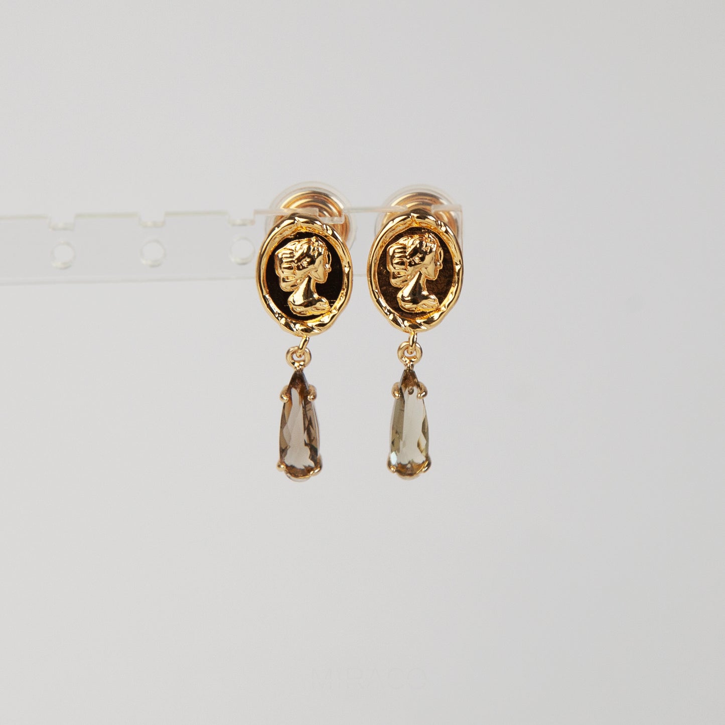 Clip On Crystal Gold Goddess Coin Dangle Earrings