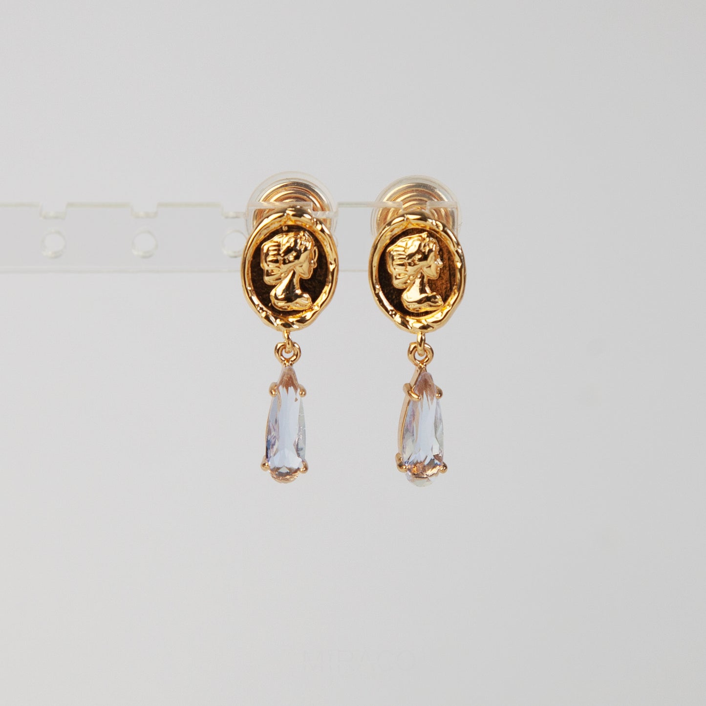 Clip On Crystal Gold Goddess Coin Dangle Earrings