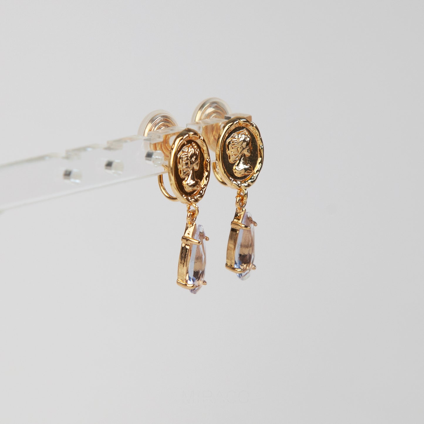 Clip On Crystal Gold Goddess Coin Dangle Earrings