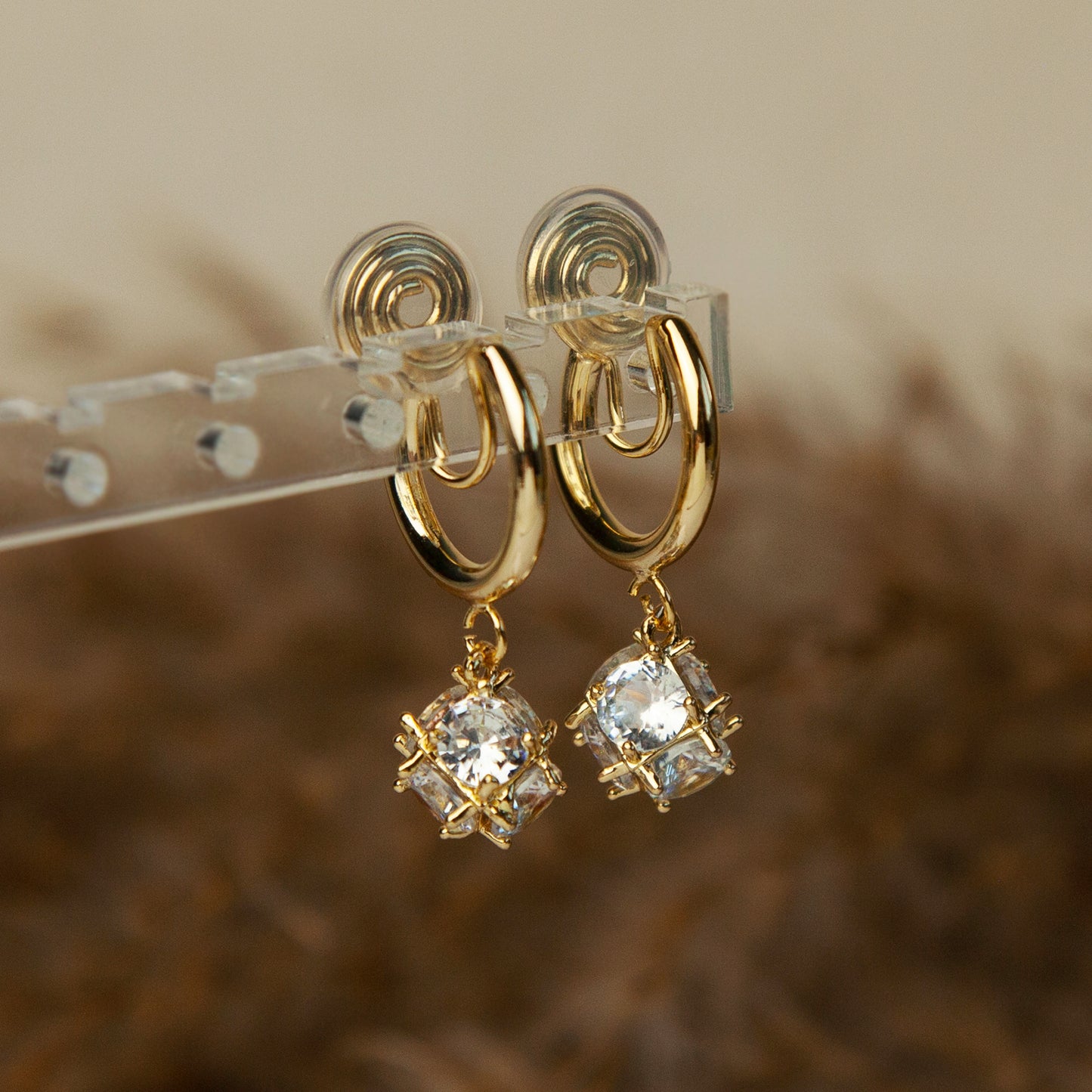 Gold Crystal Dangle Hoop Clip On Earrings