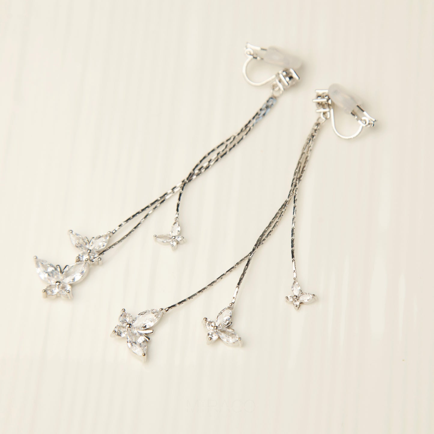 Clip On Silver Dangle Butterfly Diamond Earrings