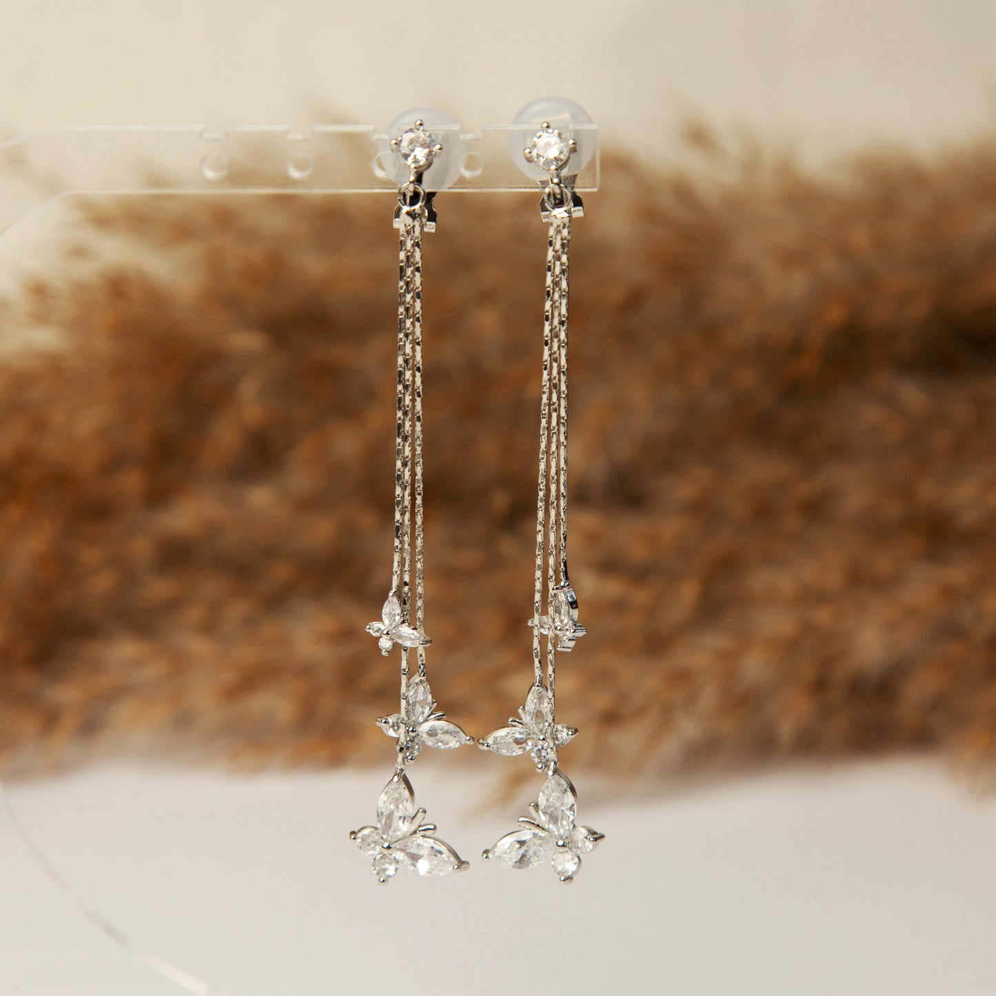 Clip On Silver Dangle Butterfly Diamond Earrings