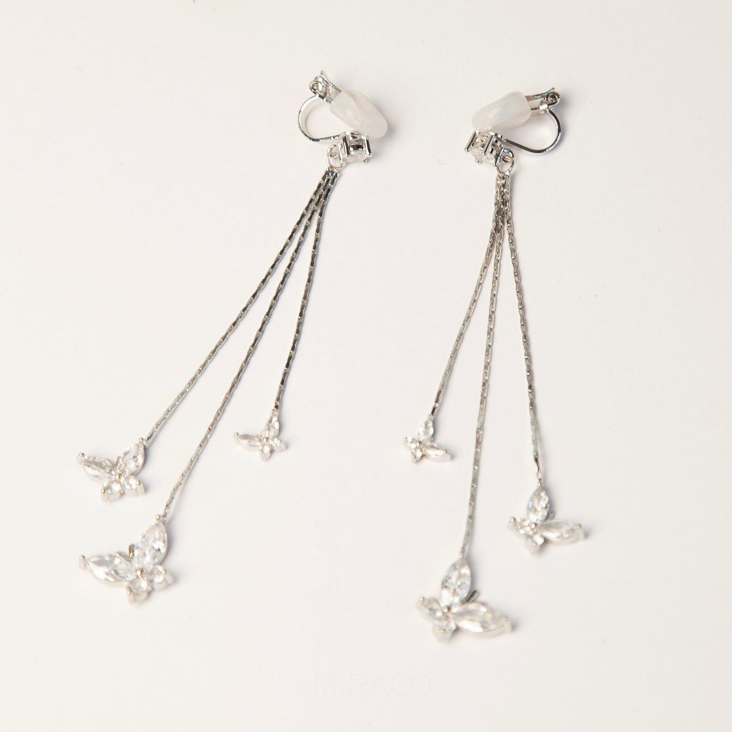 Clip On Silver Dangle Butterfly Diamond Earrings