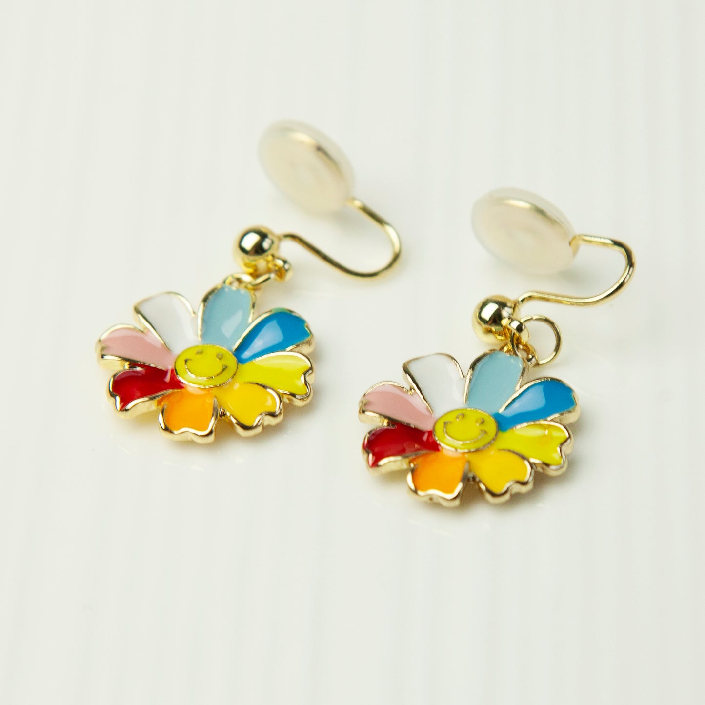 Rainbow Flower Dangle Clip On Earrings