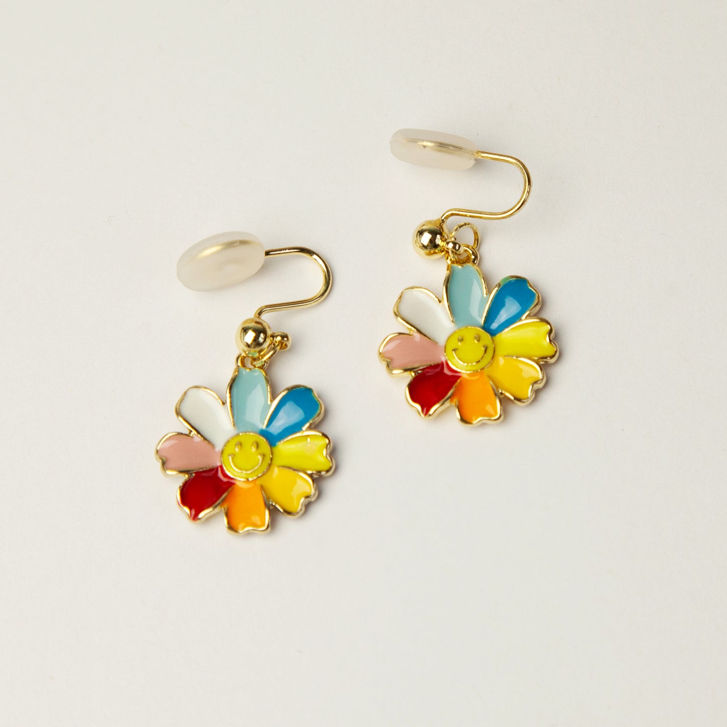 Rainbow Flower Dangle Clip On Earrings