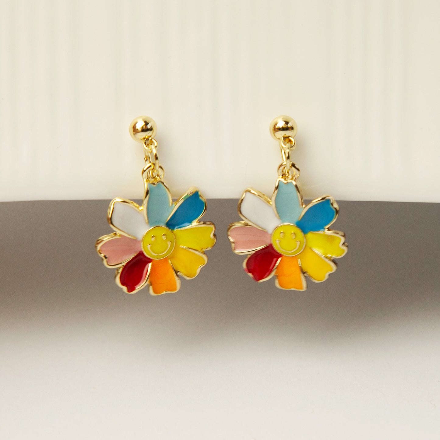 Rainbow Flower Dangle Clip On Earrings