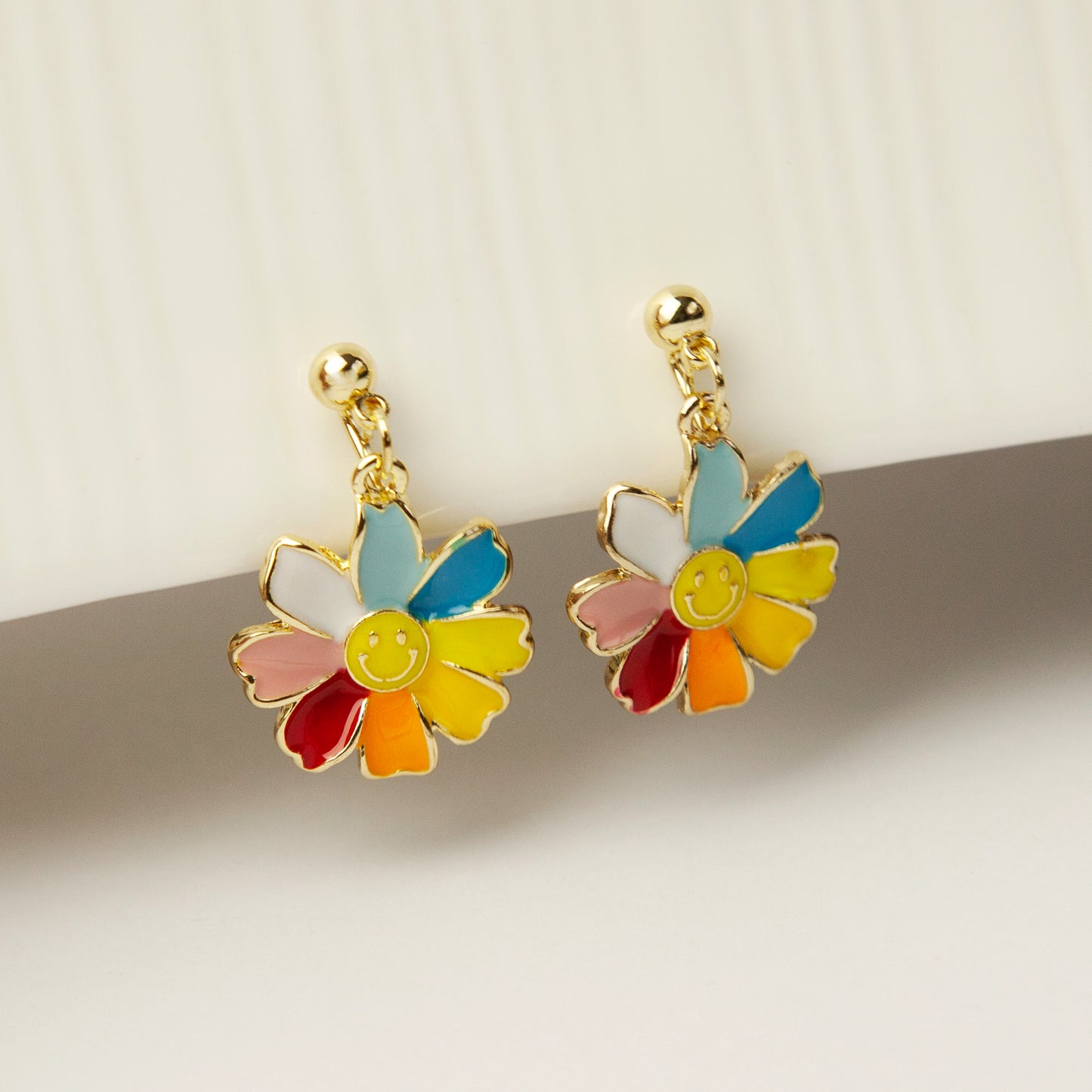 Rainbow Flower Dangle Clip On Earrings