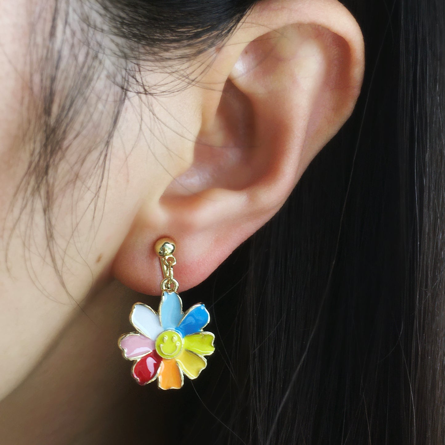 Rainbow Flower Dangle Clip On Earrings