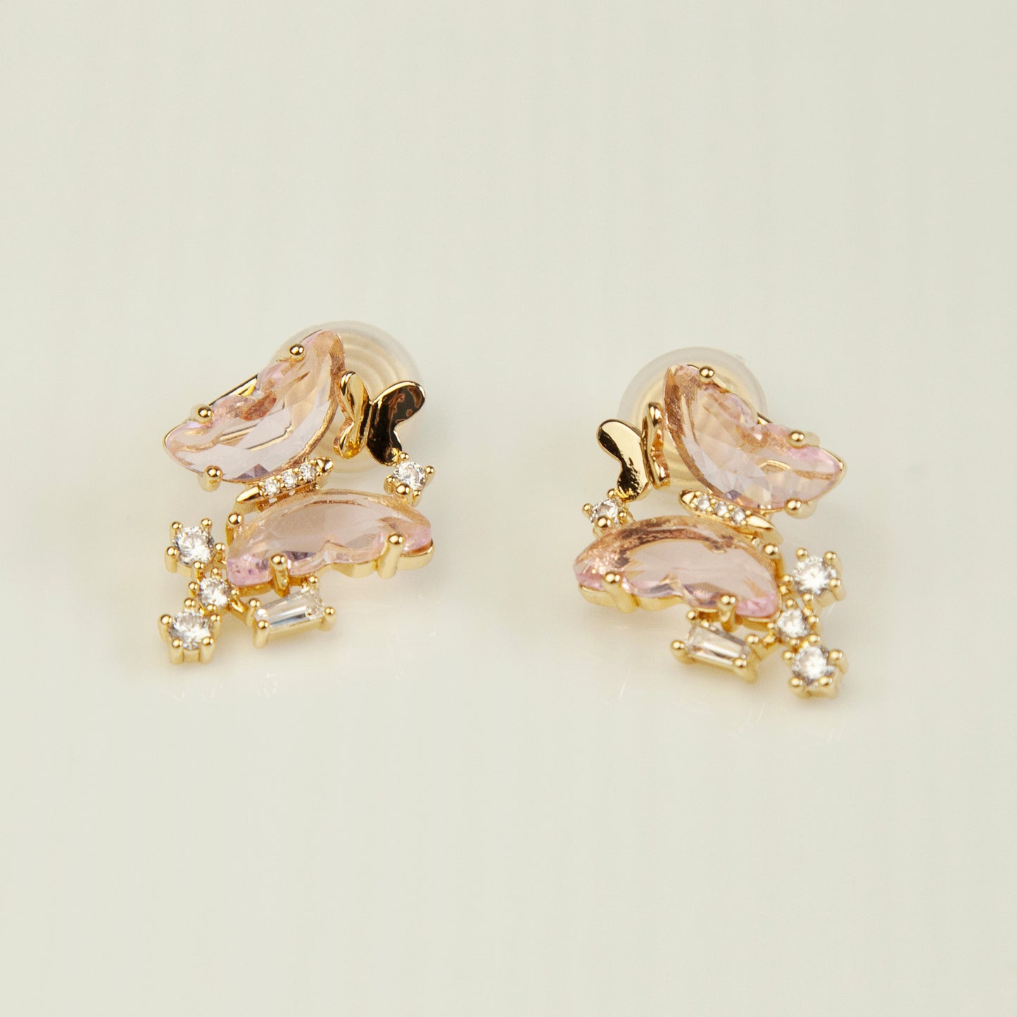 Clip On Pink Crystal Butterfly Stud Earrings