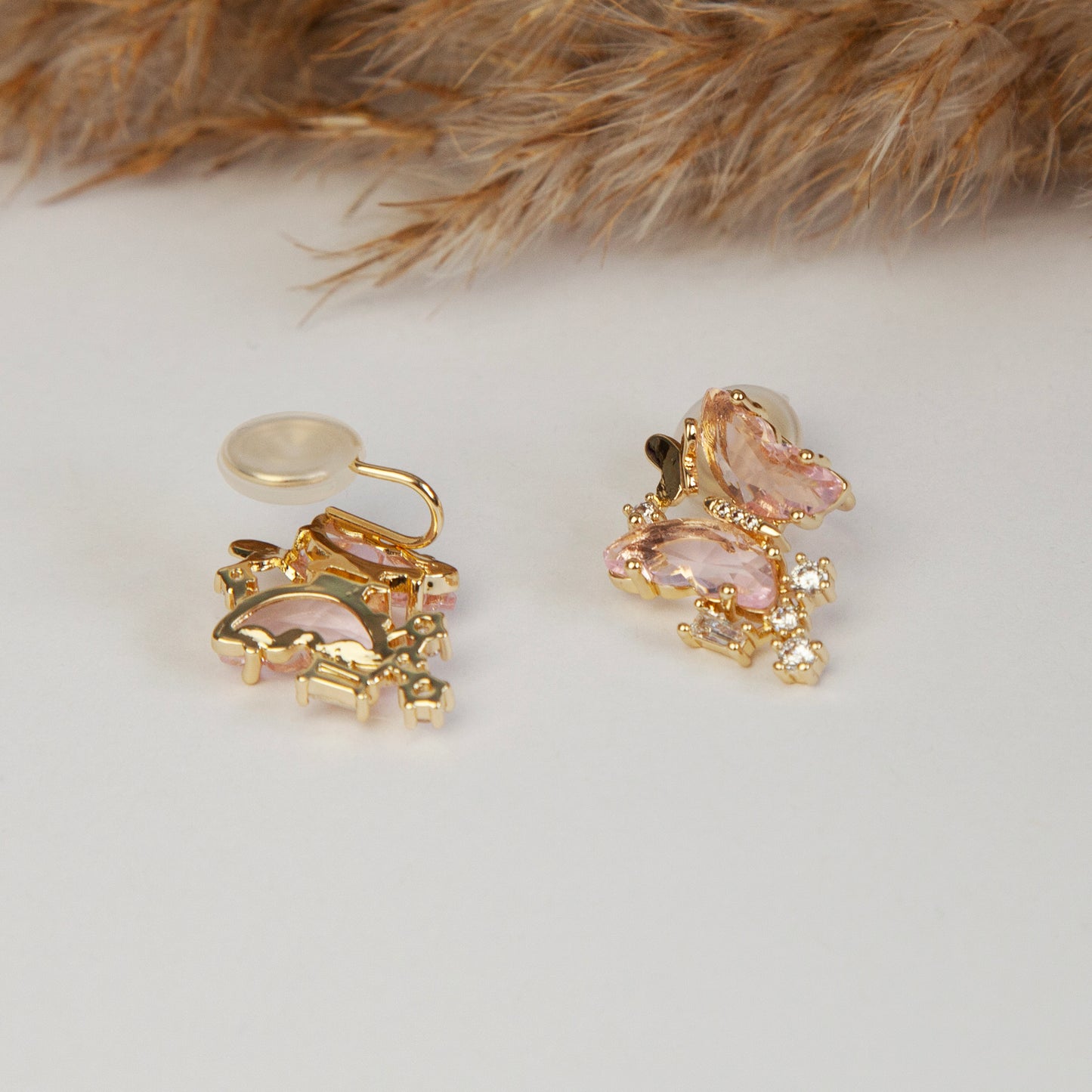 Clip On Pink Crystal Butterfly Stud Earrings