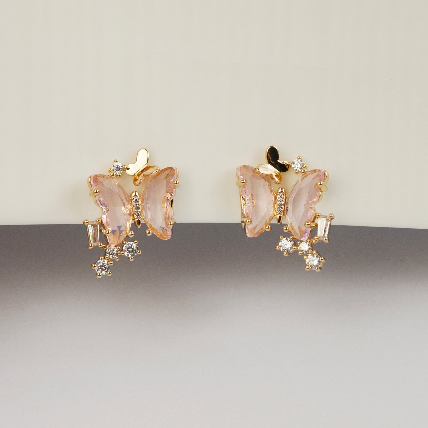 Clip On Pink Crystal Butterfly Stud Earrings