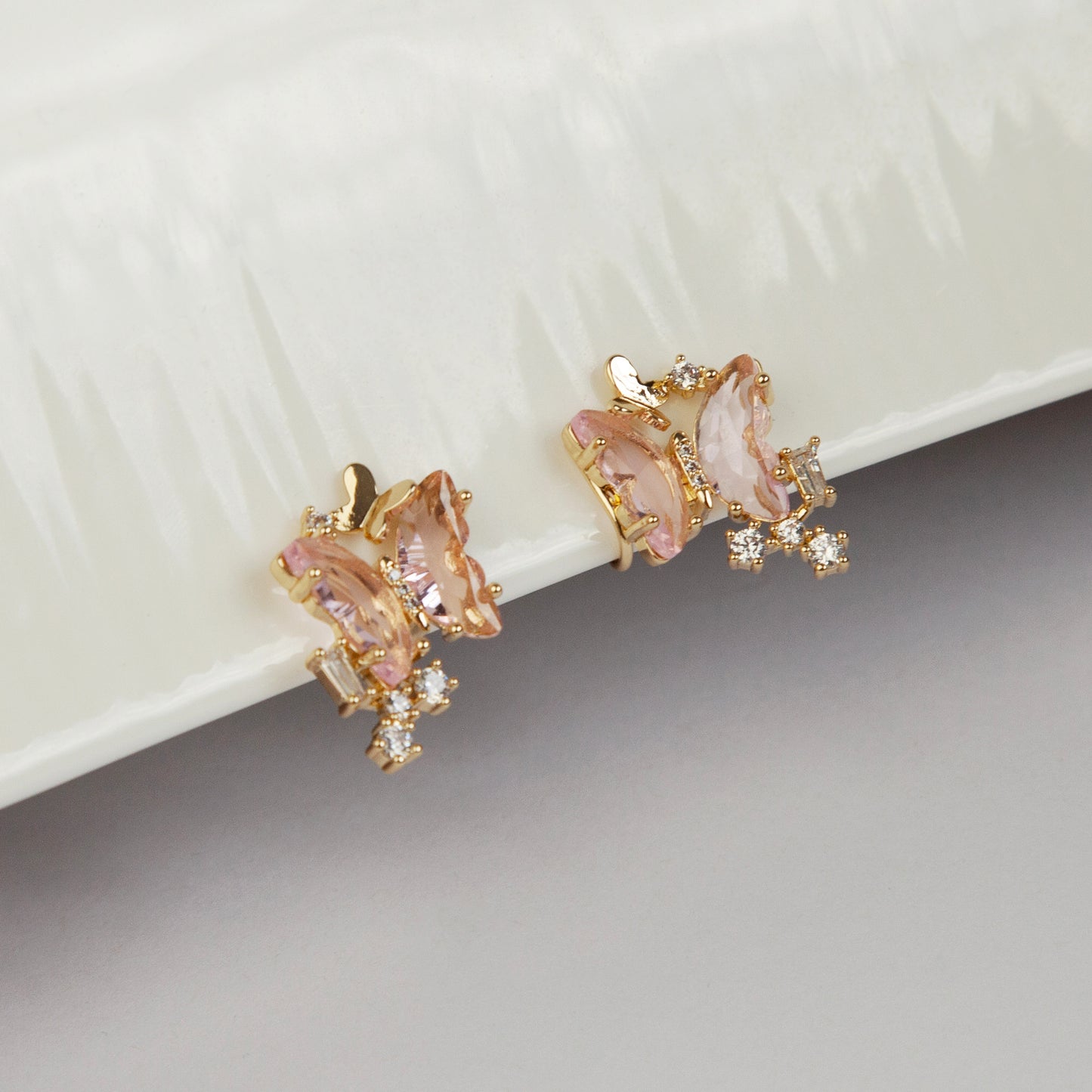 Clip On Pink Crystal Butterfly Stud Earrings