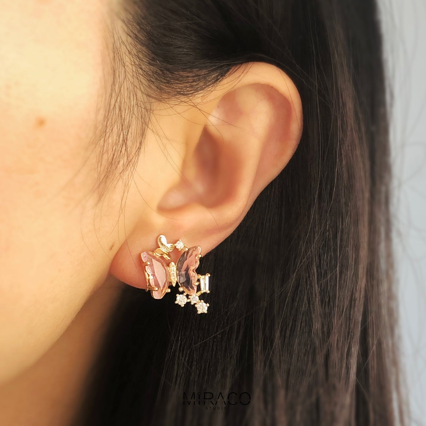 Clip On Pink Crystal Butterfly Stud Earrings