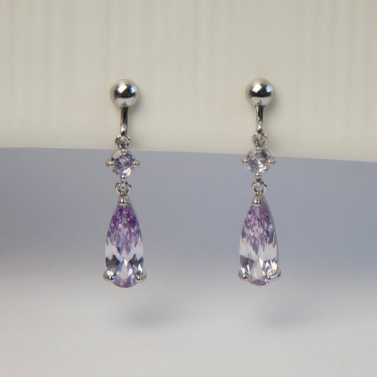 Clip On Purple Crystal Dangle Drop Earrings