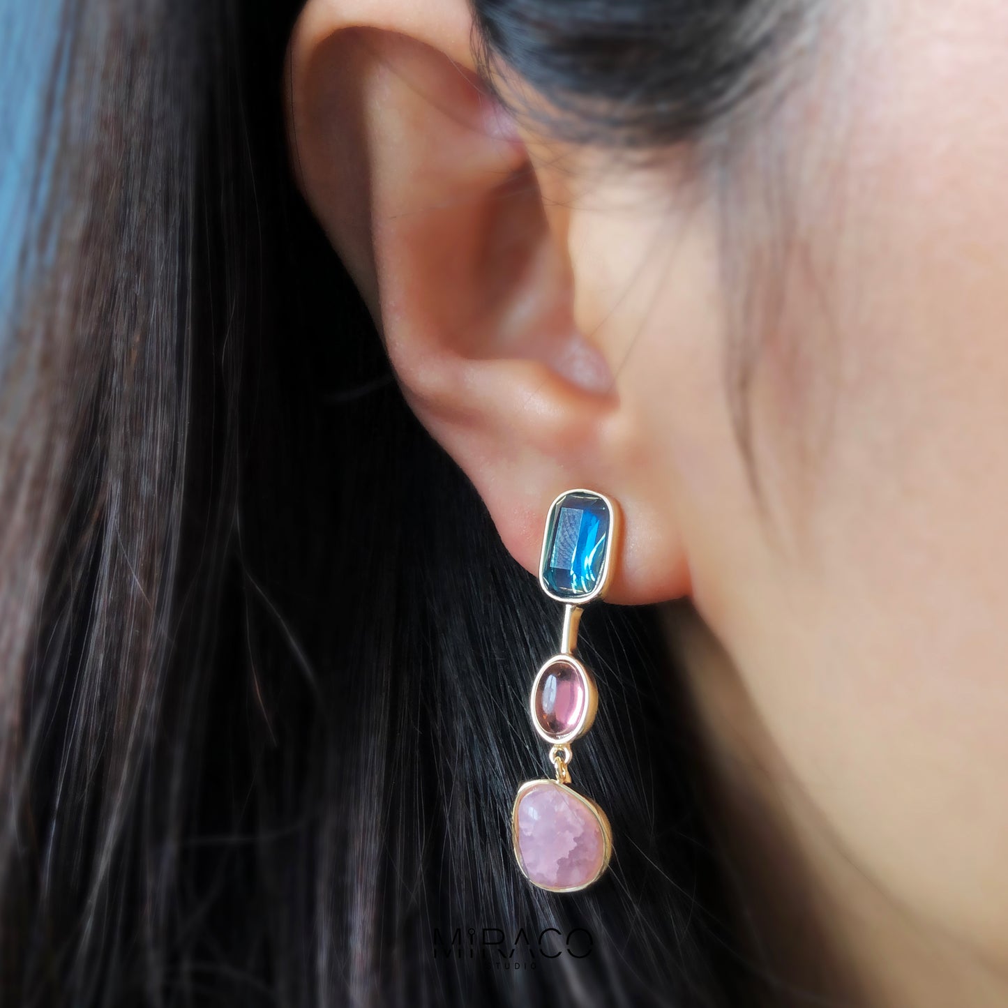 Clip On Pink Blue Gemstone Earrings