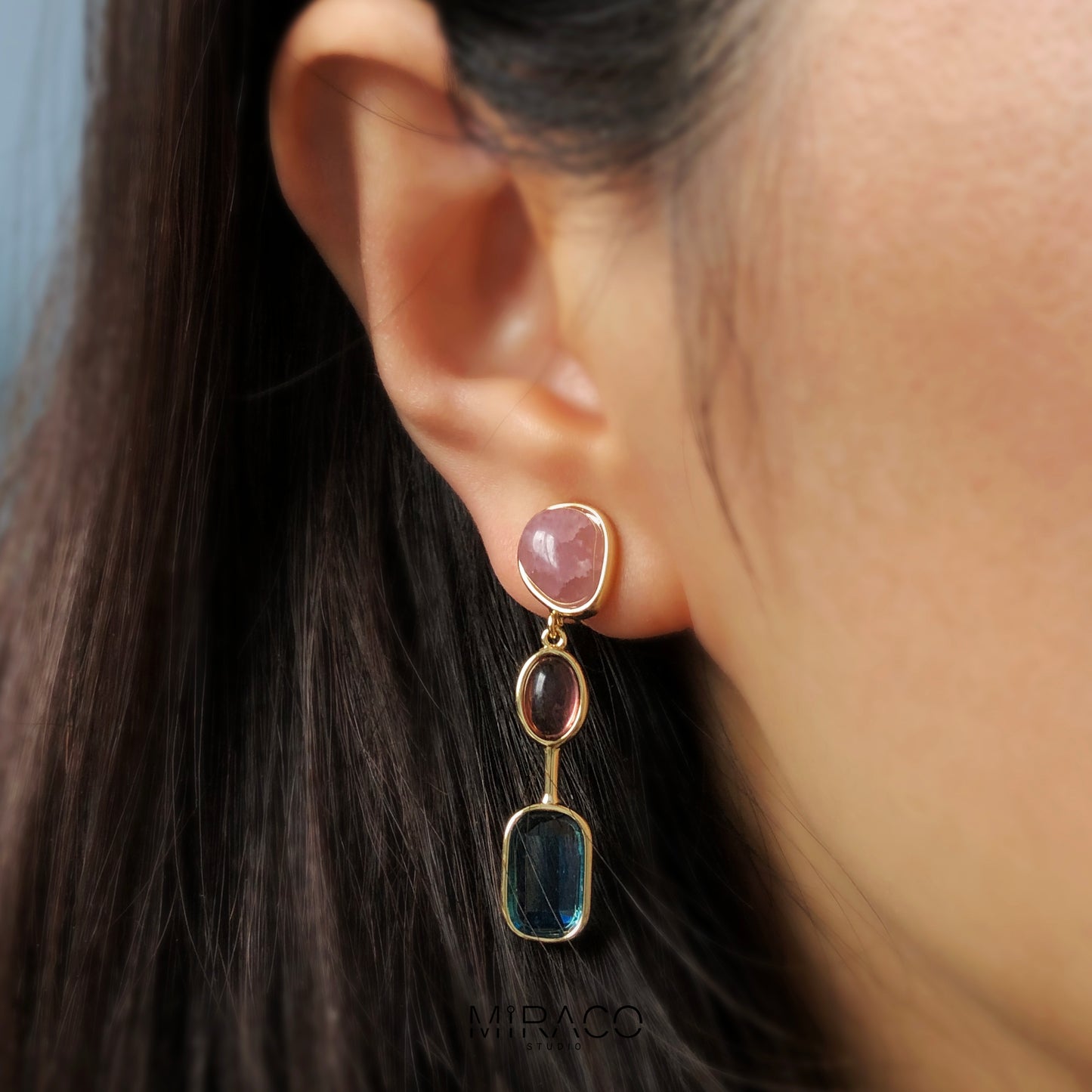 Clip On Pink Blue Gemstone Earrings