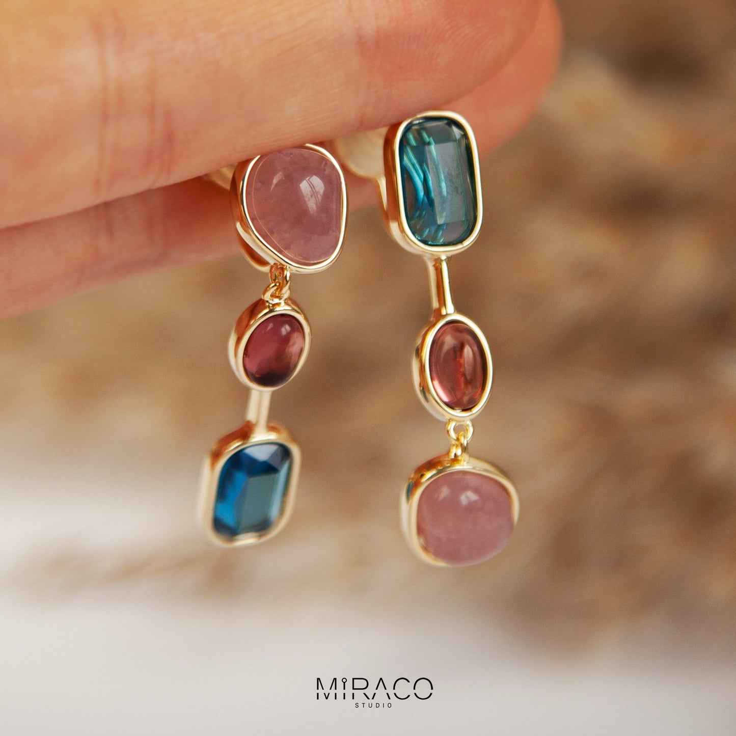 Clip On Pink Blue Gemstone Earrings