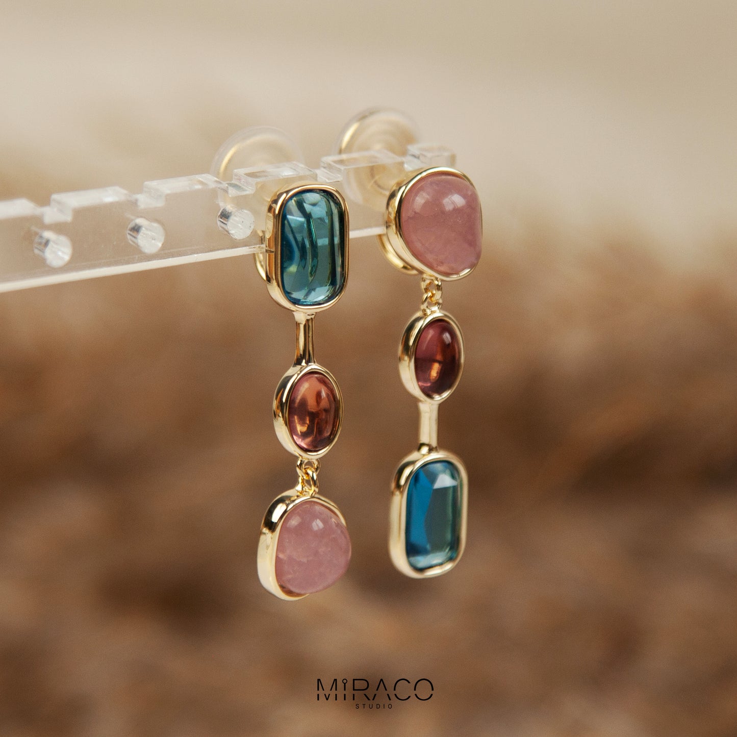 Clip On Pink Blue Gemstone Earrings