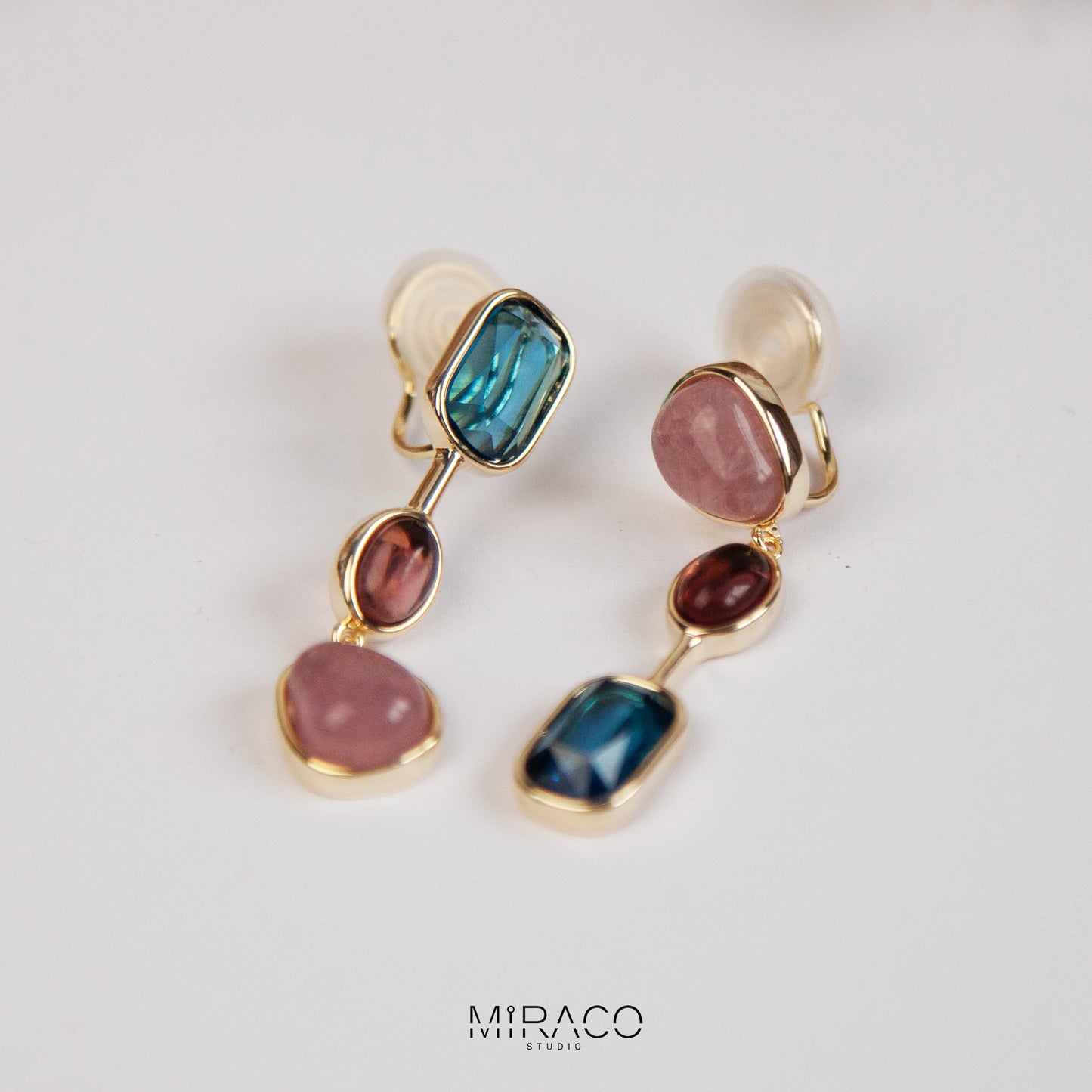 Clip On Pink Blue Gemstone Earrings