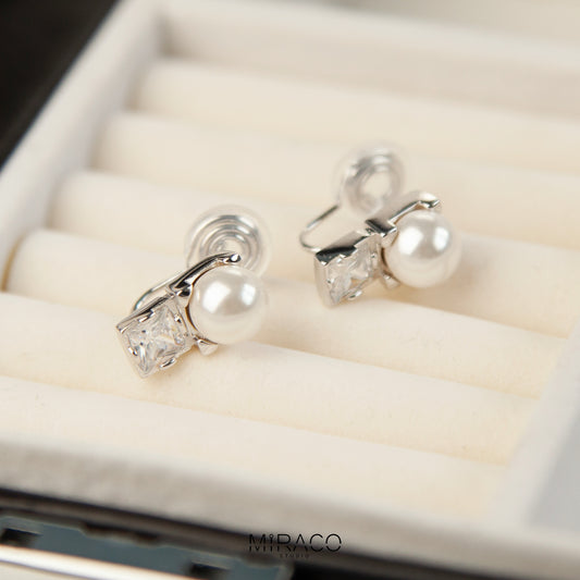 Clip On Pearl Earrings, Pearl CZ Stud Earrings