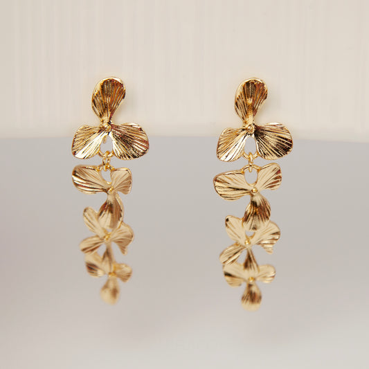 Gold Flower Dangle Clip On Earrings