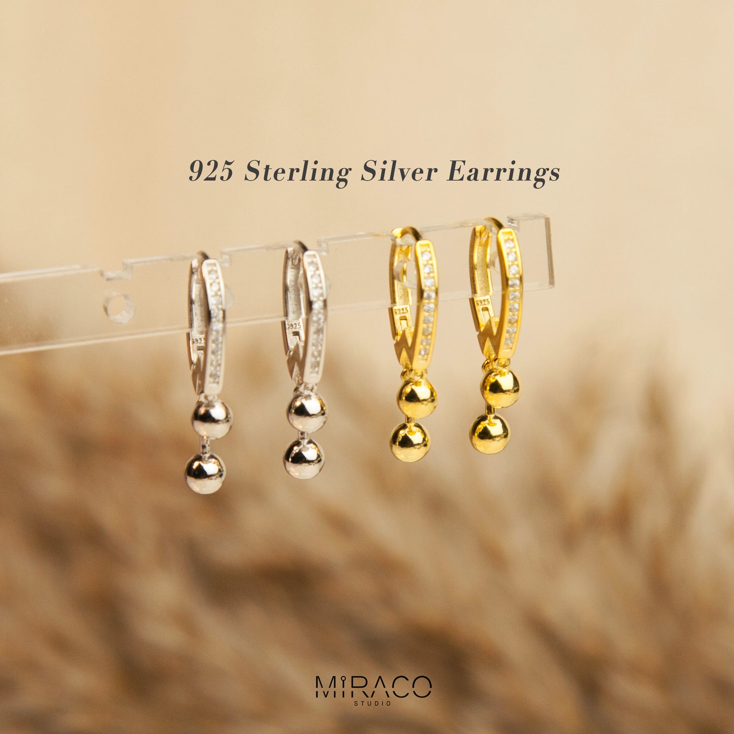 Sterling Silver Dangling Ball Huggie Hoop Earrings