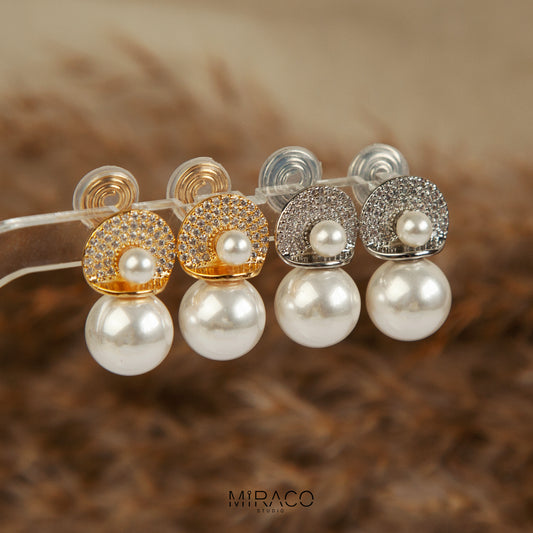 Pearls Dangle Clip On Earrings with Pave Diamond