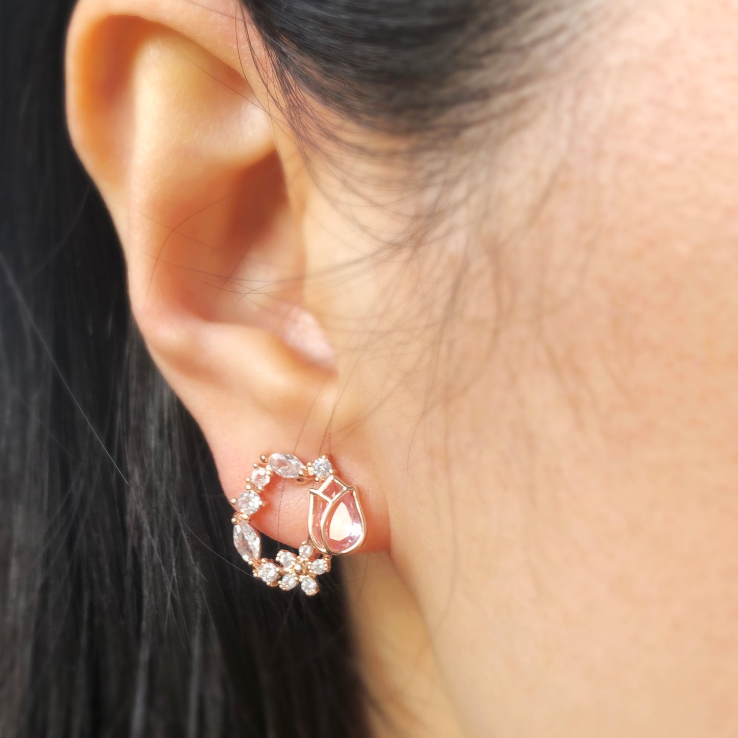 Rose Gold Pink Tulip Gemstone Crystal Wreath Clip On Earrings