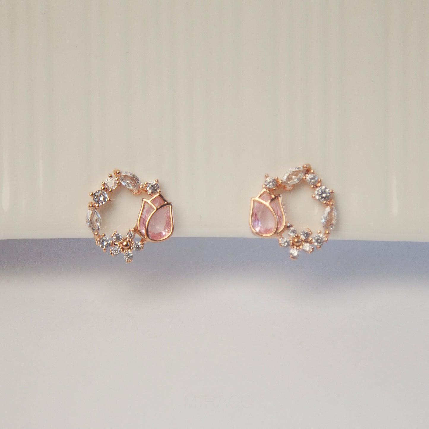 Rose Gold Pink Tulip Gemstone Crystal Wreath Clip On Earrings