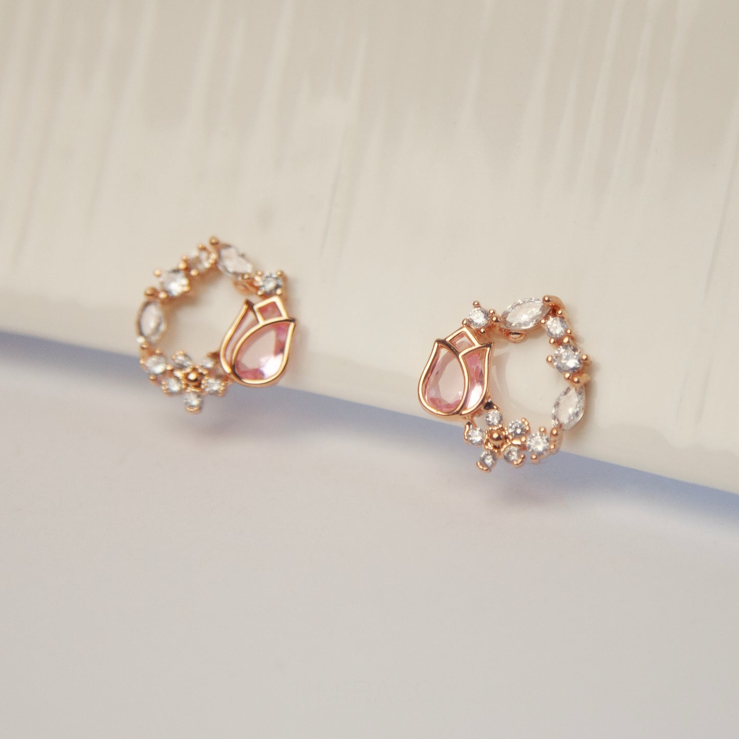 Rose Gold Pink Tulip Gemstone Crystal Wreath Clip On Earrings