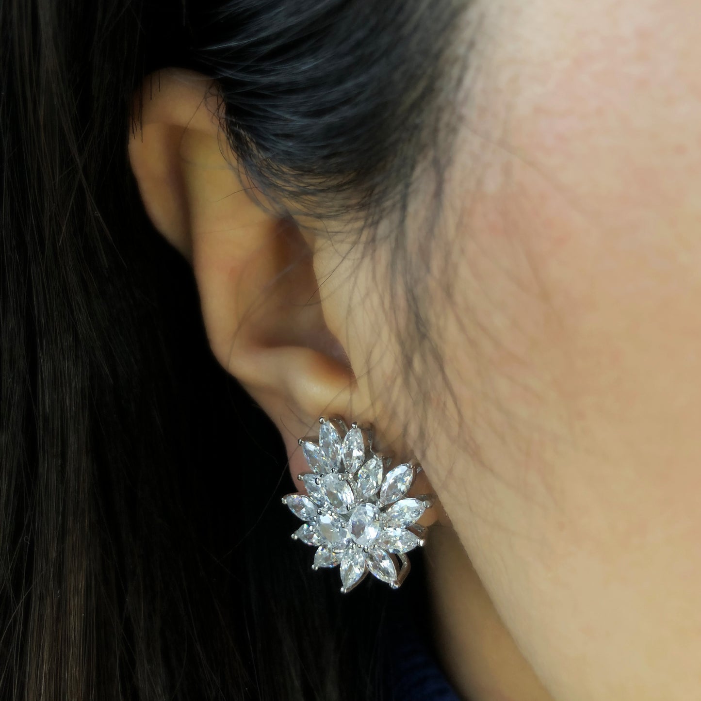 Clip On Large Diamond Cluster Stud Earrings