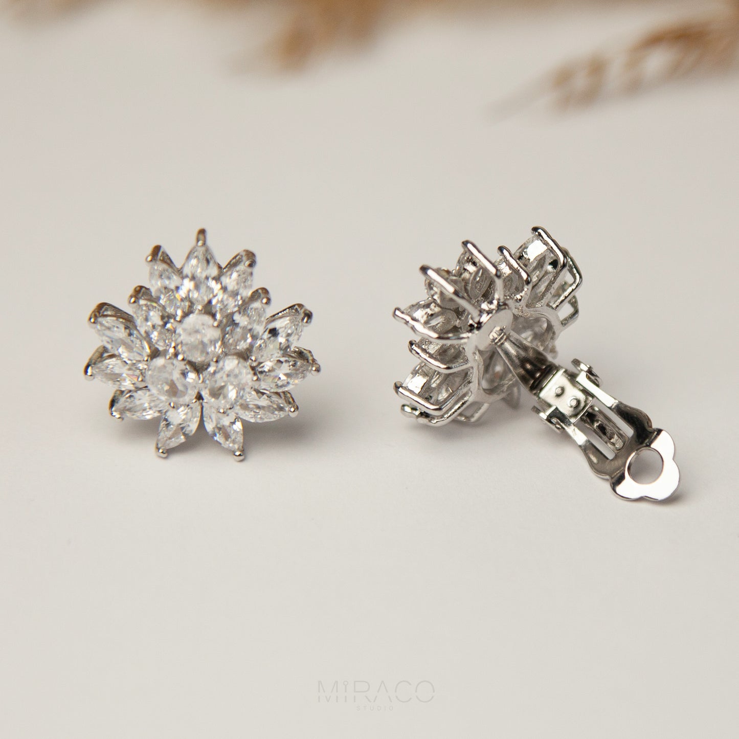 Clip On Large Diamond Cluster Stud Earrings