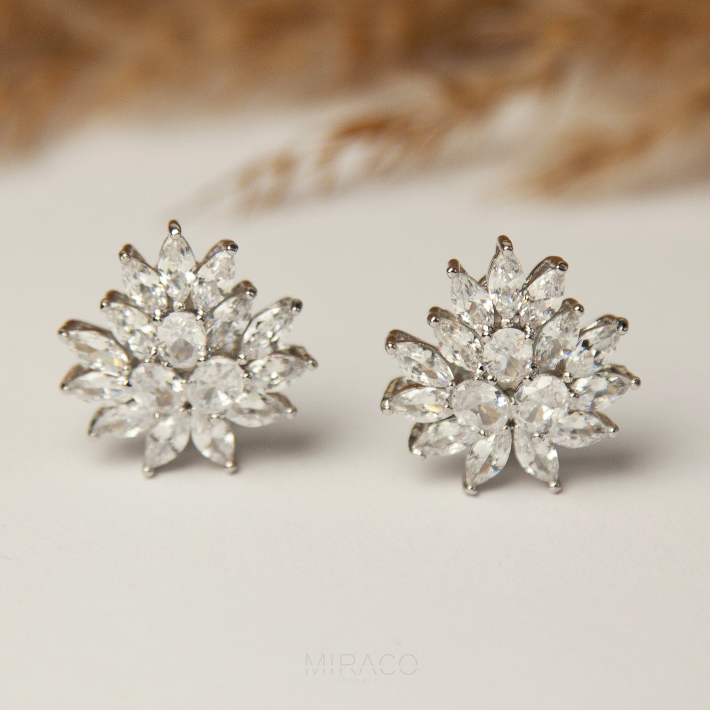 Clip On Large Diamond Cluster Stud Earrings