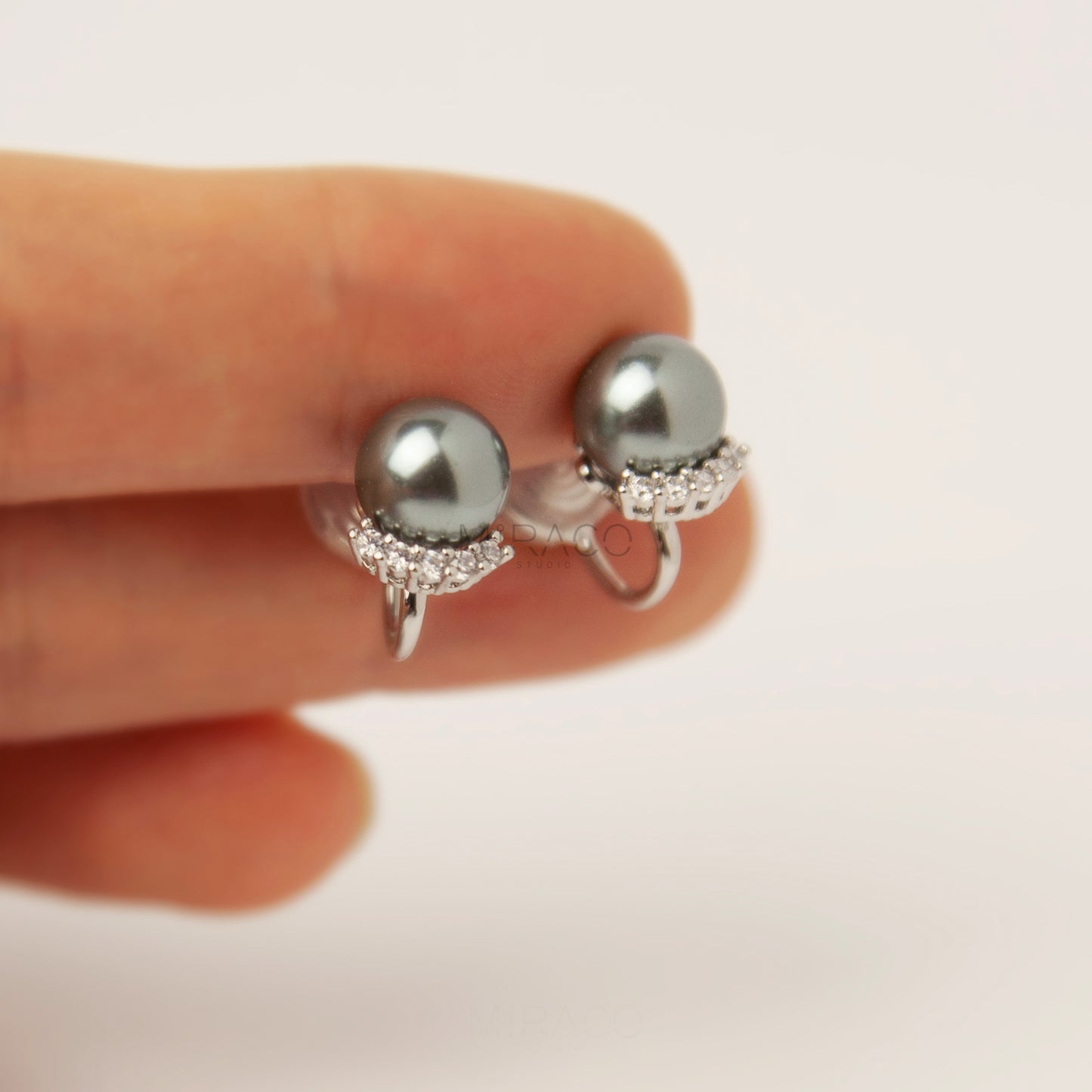 Clip On Pearl Stud Earrings, Dark Grey Pearl CZ Stud Earrings