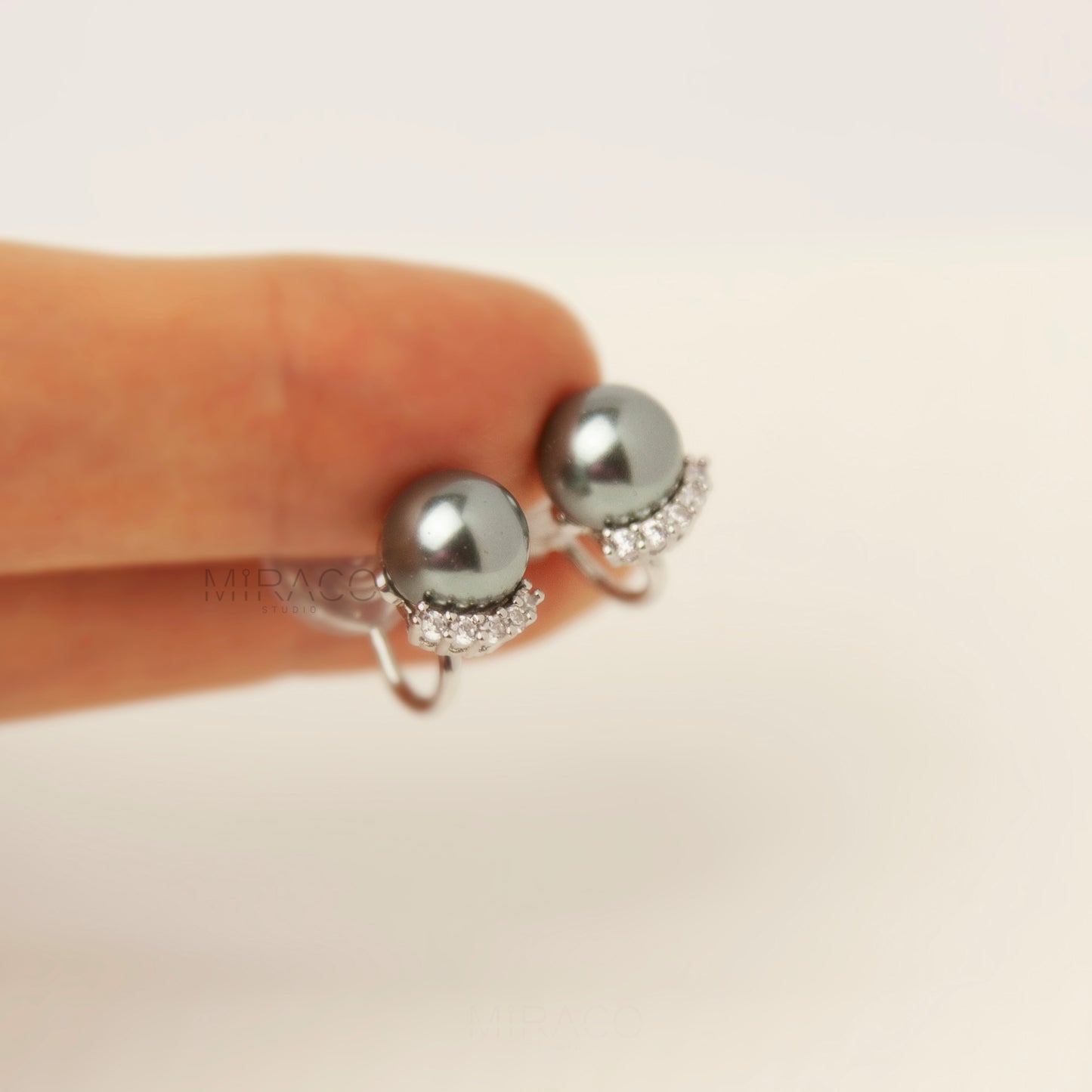 Clip On Pearl Stud Earrings, Dark Grey Pearl CZ Stud Earrings