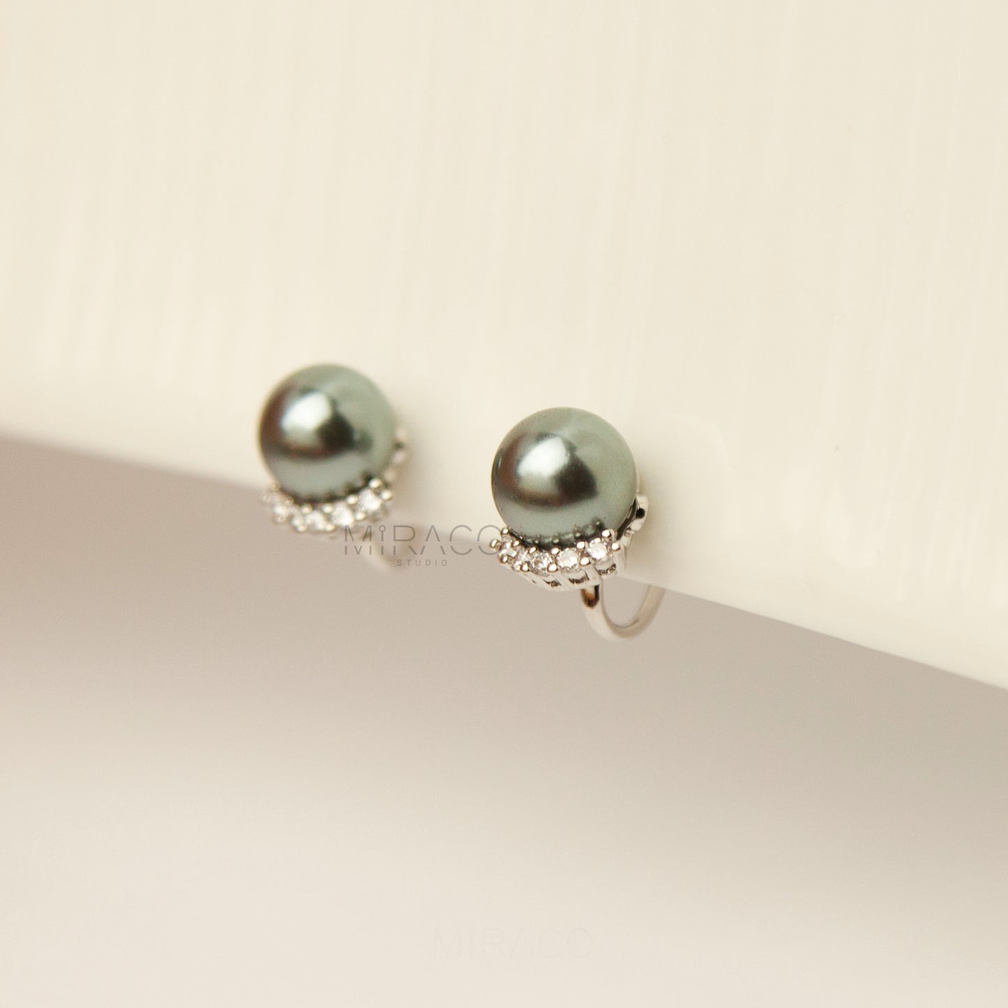 Clip On Pearl Stud Earrings, Dark Grey Pearl CZ Stud Earrings